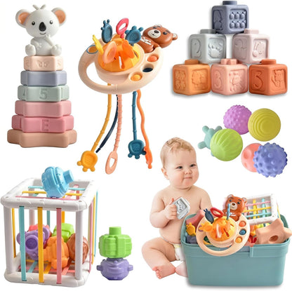 Montessori Sensory Activity Toy for Babies 6-18Months - Silicone Pull String Activity & Fine Motor Skill Development Toy - Travel-Friendly Stroller & High Chair Toys for Infants, Easy-Clean Design
