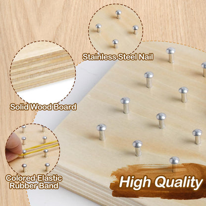 Skrtuan Wooden Geoboard with Pattern Cards & Rubber Bands, Montessori STEM Educational Toy for Kids 3-5 5-8 Years Old, Brain Teaser Puzzle Game for Geometry Learning and Creative Shapes