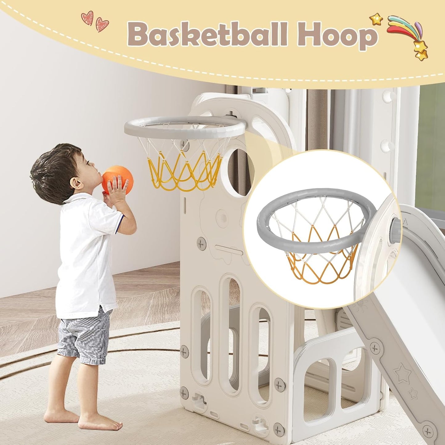 kinbor 6 in 1 Toddler Slide PlaySet - Indoor Outdoor Fun for Kids Ages 1-3, Includes Basketball Hoop, Telescope, Storage & Climber, Safe, Sturdy Baby Slide for Backyard Playground, Blue