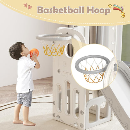 kinbor 6 in 1 Toddler Slide PlaySet - Indoor Outdoor Fun for Kids Ages 1-3, Includes Basketball Hoop, Telescope, Storage & Climber, Safe, Sturdy Baby Slide for Backyard Playground, Blue