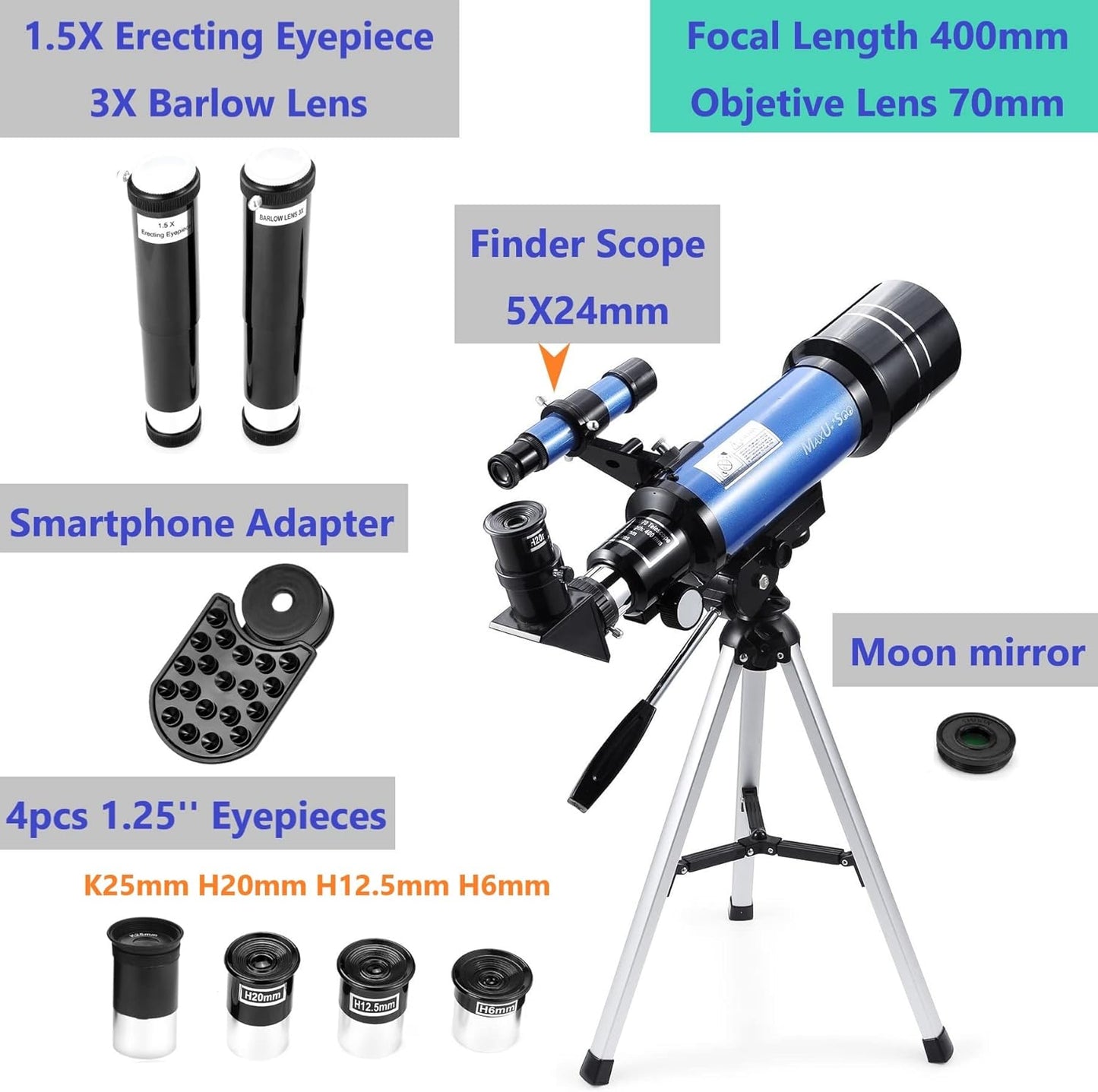 Lunar Telescope for Kids and Astronomy Beginners, Refractor Telescope with Finder Scope and 3 Eyepieces, Travel Telescope with Compact HD Binoculars for Moon Viewing Bird Watching Sightseeing