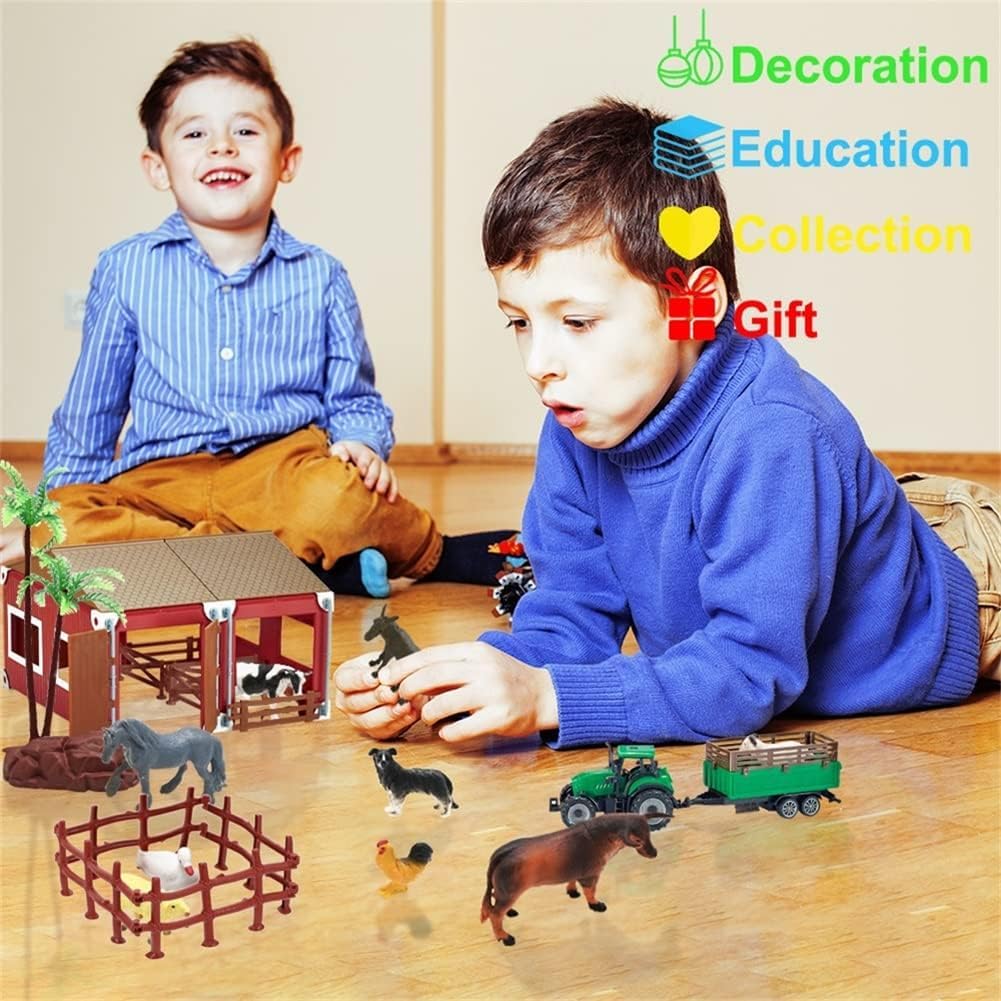 Mini Toy Barn Farm Toys Playset, 66PCS Plastic Farm Animals Figurines and Fence Farm Playset, Farm Figures Farmer Vehicle Toy Truck with Trailer for 3-12 Years Old, Christmas Birthday Gifts for Kids