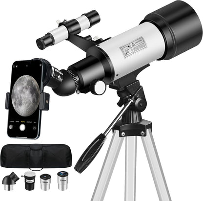 Telescope for Adult, 70mm Aperture 400mm Portable Telescope with Tripod, Finder Scope, Phone Adapter, Carrying Bag, Astronomical Refractors Telescopes for Kids Beginners Adults (White)
