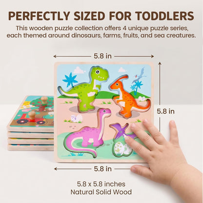 LovesTown Wooden Peg Puzzles Learning Toys Montessori Educational Knob Puzzle with Handles for Toddlers Preschool Kids 4 PCS