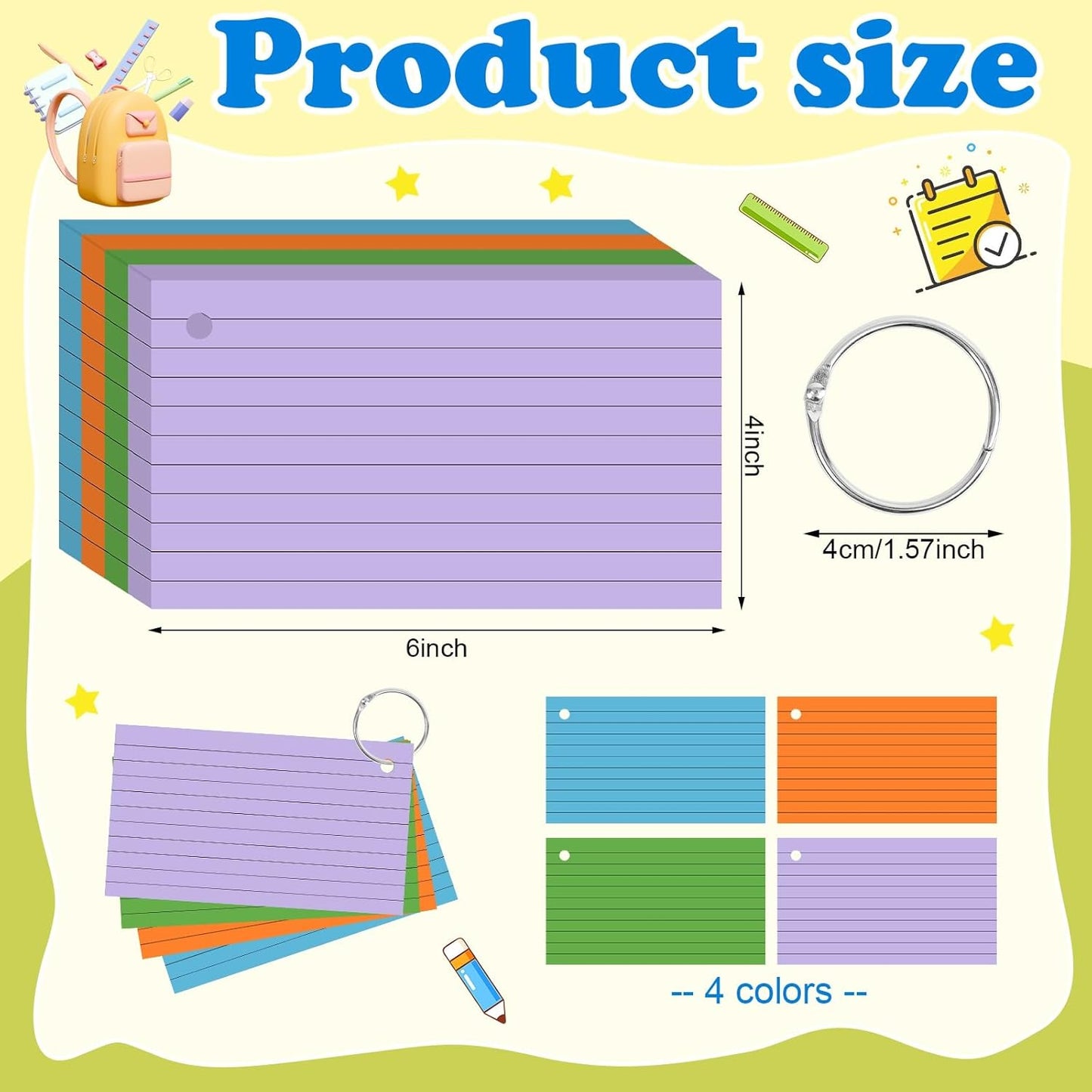Colored Index Cards 3x5 Inch Heavyweight Flash Cards with Ring Lined Flashcards Note Cards for Studying School Supplies College, 200 Count