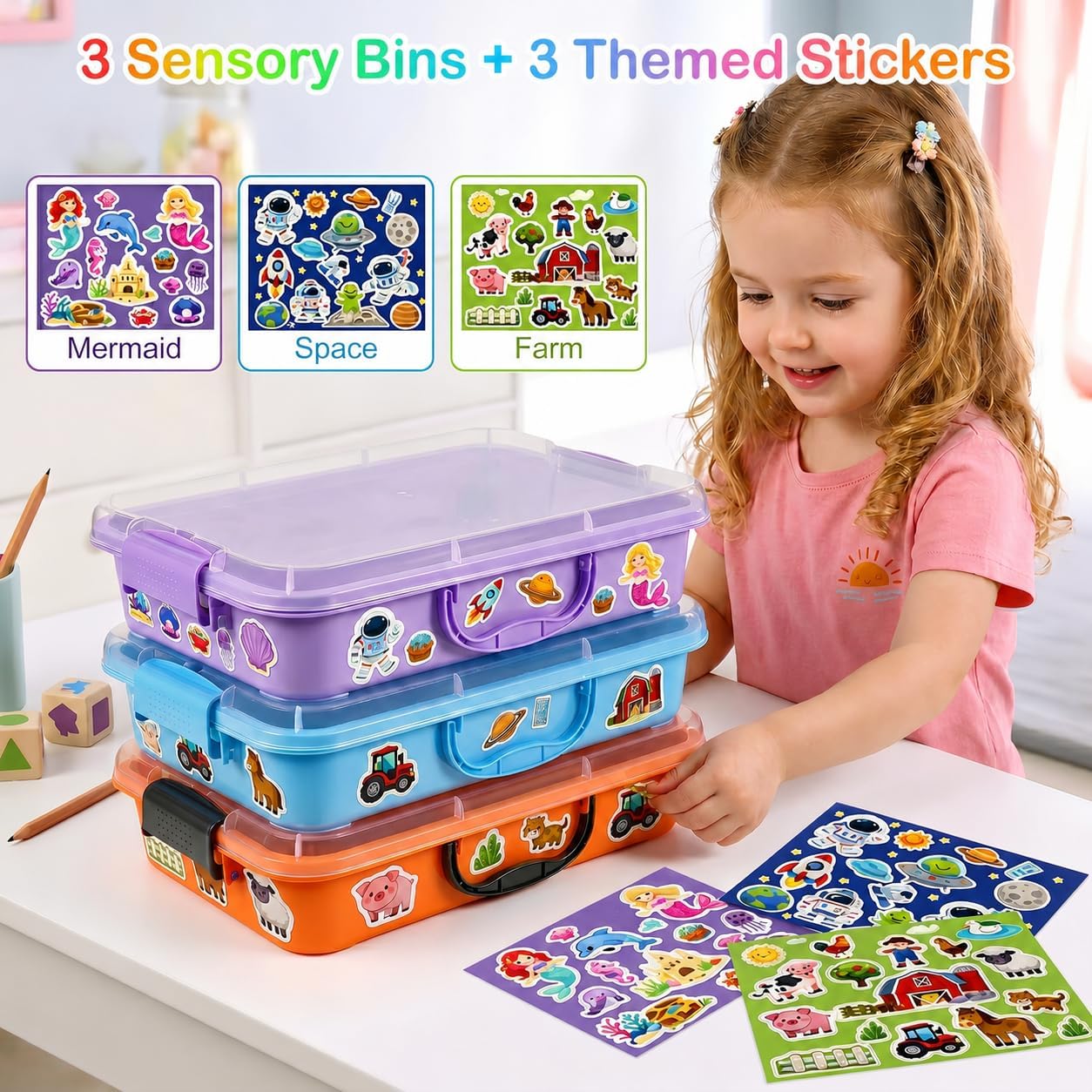FIIOEOY 3 Pcs Sensory Bin Sand Tray with Lid & 3 Stickers, Stackable Plastic Storage Containers, Portable Sandbox, Organizers for Toys, Sand, Arts, Crafts (Blue, Green, Pink)