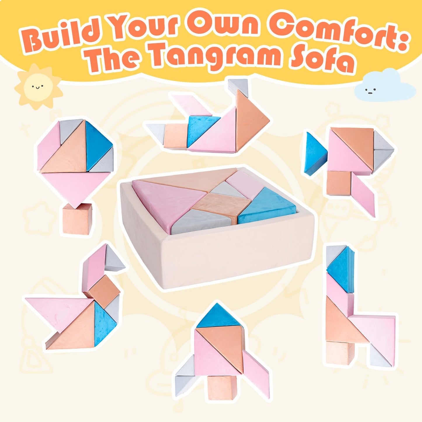 Tangram Puzzle Modular Kids Play Couch for Toddler, 7-in-1 Buildable Foam Sofa with Ball Pit & Fort, Convertible Floor Sofa for Playroom, Active Play Furniture for Imagination, Gift for Ages 3+
