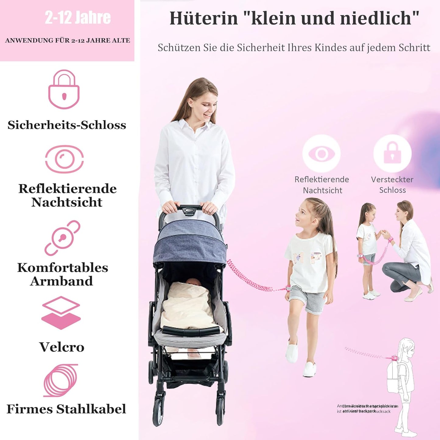 Toddler Harness Walking Leash- Child Anti Lost Wrist Link - Child Safety Harness - Upgrade with Reflective(6.5ft) - for Boys and Girls,Not Easy to Open Without Key (Light Pink)