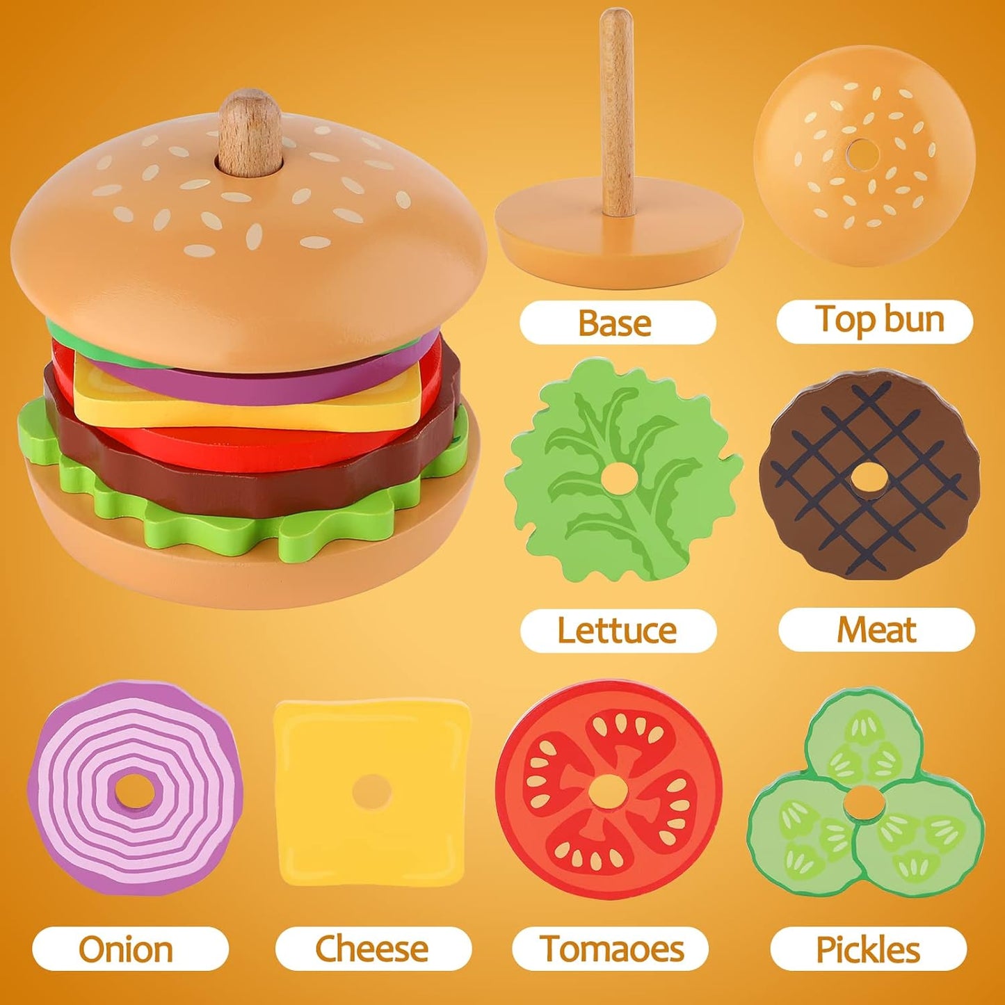 Aizweb Montessori Toys for 3 Year Old - Wooden Burger Stacking Toys for Toddlers and Kids Preschool, Educational Toys, Fine Motor Skill Toy, Blocks for Toddlers, Learning Toys