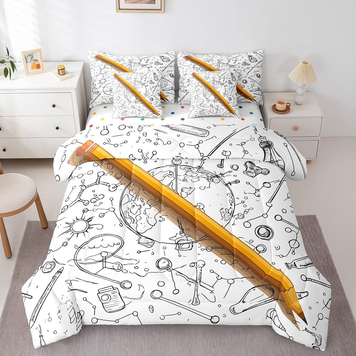 Erosebridal Chemical Equation Bed in a Bag Queen Comforter Set 7 Piece,Chemistry Bedding Sets Science Students Learning Gift Sheet Set with Comforter,Molecular Formula Education Bed Set - Colors A