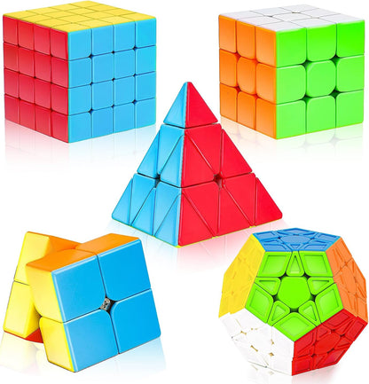 AuntyFey Speed Cube Set, 5 Pack Speed Magic Cube with Speed Cube 3x3, 2x2, 4x4, Pyramid Megaminx Stickerless Cube for Kids Toddlers Adults, Puzzle Cube Set for Kid