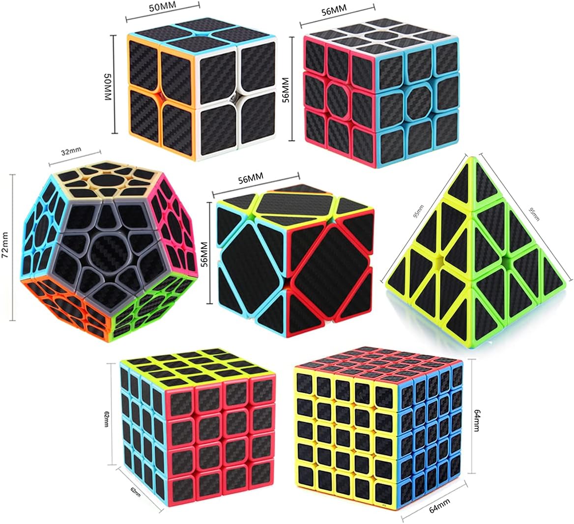 Roxenda Speed Cube Set, Speed Cube Pack of 2x2 3x3 4x4 5x5 Megaminx Skew Cube and Pyramid Cube Carbon Fiber Sticker Smoothly Magic Cubes Collection for Kids Teens & Adults [7 Pack]