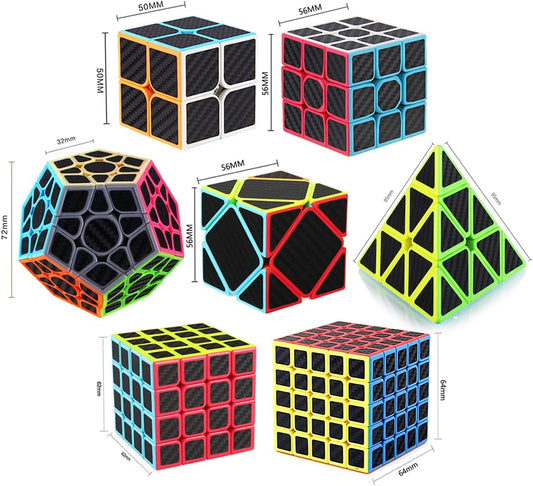 Roxenda Speed Cube Set, Speed Cube Pack of 2x2 3x3 4x4 5x5 Megaminx Skew Cube and Pyramid Cube Carbon Fiber Sticker Smoothly Magic Cubes Collection for Kids Teens & Adults [7 Pack]