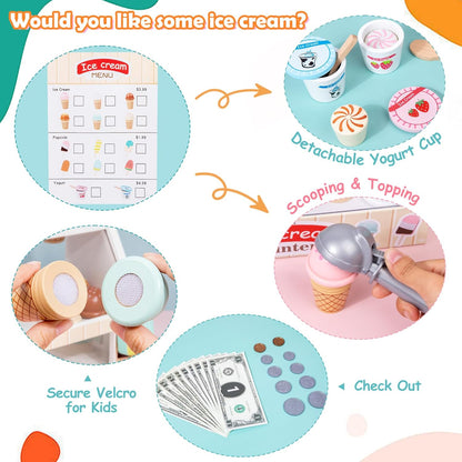 Wooden Ice Cream Set Counter Toy for Toddlers, Wooden Play Food Kitchen Accessories, Pretend Play Ice Cream Shop Toys for Kids Ages 3+, Play Store with Fake Money & Coin
