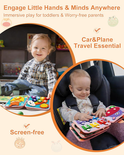 Felt Busy Book for Toddlers 1-3, Montessori Busy Board for 1 Year Old, Quiet Book Airplane Travel Toys, Sensory Early Learning Educational Toy, Road Trip Activity Books, Girls Birthday Gifts