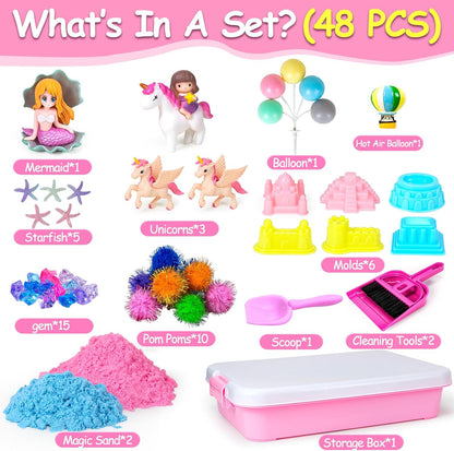 Sensory Bin, 48Pcs Unicorn Sandbox with Lid Play Sand Art Kits for Girls Toddlers Sensory Toys with Magic Sand, Unicorns, Mermaid, Cleaning Tools, Birthday Gifts for Kids Age 3 4 5 6 7 8