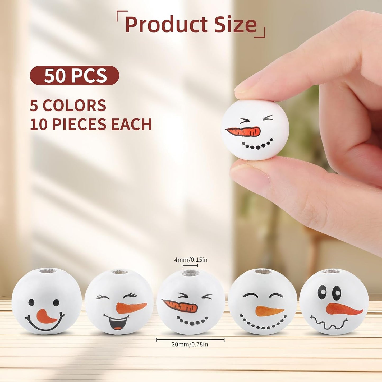 50PCS Christmas Snowman Wooden Bead, 20mm Winter Craft Wood Round Beads Natural Wood Beads for Xmas Tree Hanging Decoration Winter Holiday Garland Making DIY Craft Supplies
