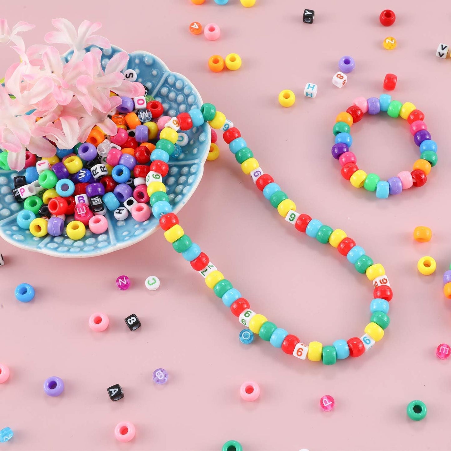 1720+pcs Pony Beads Kit 1830pcs 6 Style Letter Alphabet Beads Rainbow Plastic Pony Bead Bulk Multicolor Kandi Bead Elastic String DIY Crafts Jewelry Making Kit for Bracelets Necklaces