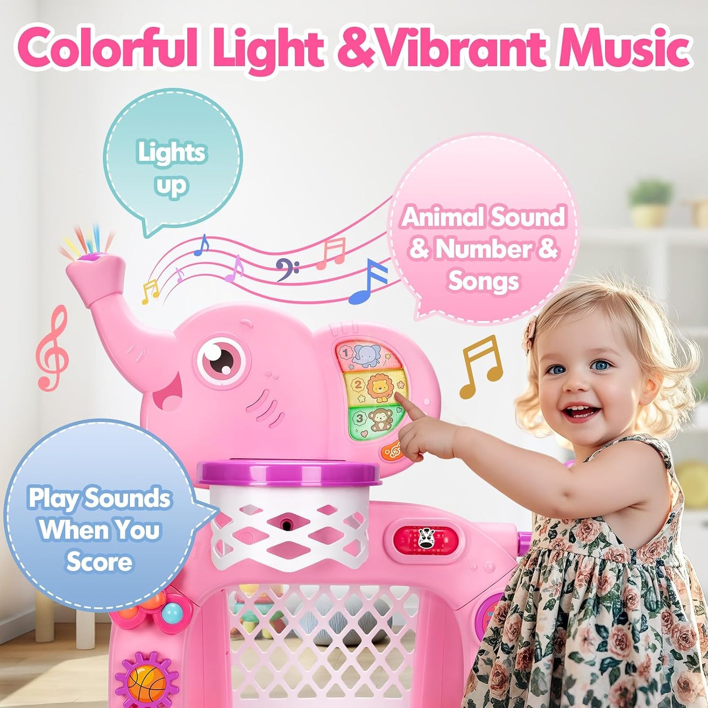 Toddler Basketball Hoop & Soccer Goal, Toys for 1 2 3 Year Old Boys Girls, Kids Sports Toy with Light Sound Music, Montessori Toys for Baby 12-18 Months, Christmas Birthday Gifts for Ages 1-3(Pink）