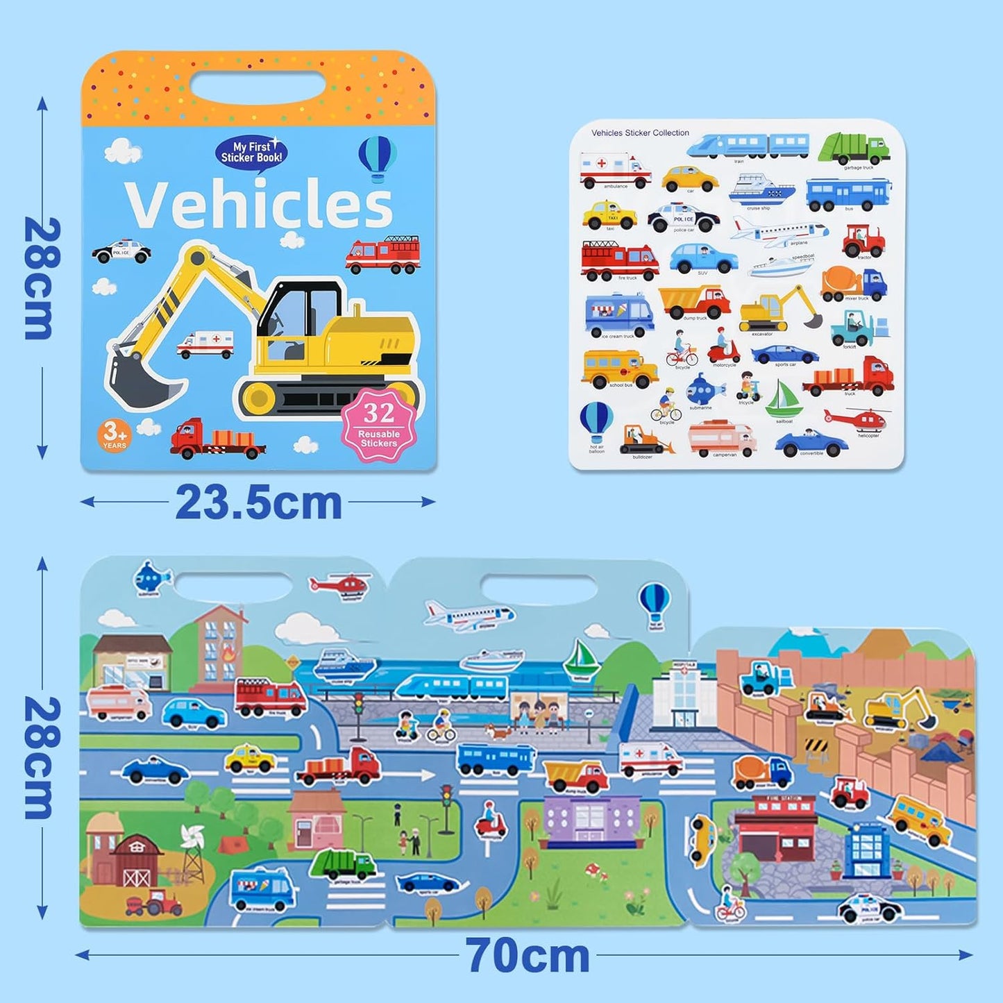 ASTARON Reusable Sticker Book for Toddlers, 88 Pcs Dinosaur Stickers Road Trip Activities Car Airplane Activities Travel Toys for Kids, Kids Quiet Time Activities (2-6 Age)