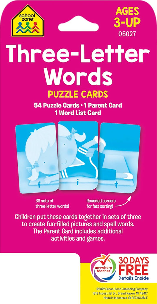School Zone Three-Letter Words Puzzle Cards: 56 Flash Cards, Toddler, Preschool, Kindergarten, Letter Recognition, Spell Words, Spelling, Word-Picture Recognition, Ages 3+, Packaging May Vary