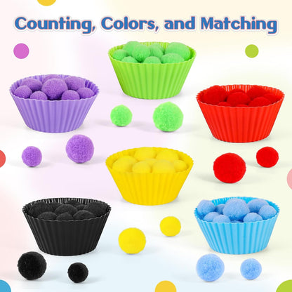 114 PCS Fine Motor Skills Sensory Bin Filler Includes 10 Sorting Bowls, 100 Pom Poms, 2 Tweezers, 2 Scooper Scissors for Kids Early Education, Counting Sorting Training Development
