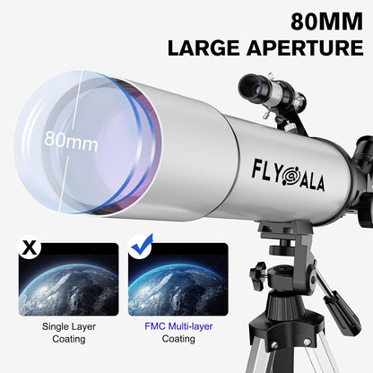 (30X-750X) Telescope for Adults high Powered,80mm Aperture 600mm Focal Length Astronomy Telescope for Kids and Beginners,Astronomical Refractor telescopes for Kids Over 8 Year Old 8-12