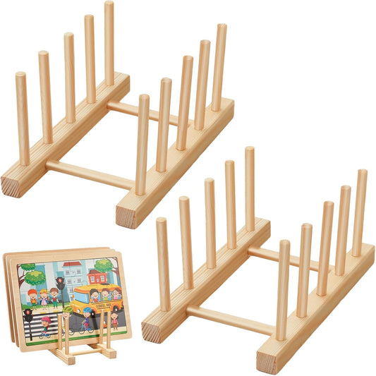 Barydat 2 Pcs Wooden Puzzle Display Stand Jigsaw Holder Rack Puzzle Pot Lid Storage Organizer Shelf for Playroom Decor Craft Collection Lovers