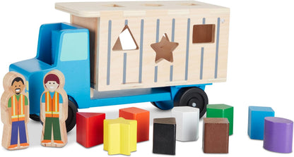 Melissa & Doug Shape-Sorting Dump Truck Wooden Toy with 9 Blocks and 2 Toy Figures - Montessori Toys and Toddler Toys for Preschool Learning Activities