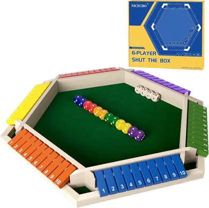 Nicecho 2-6 Players Shut The Box Dice Game, Wooden Board Table Math Game with 16 Dice, Classics Tabletop Games for Kids Adults, Family,Classroom,Home,Party or Pub