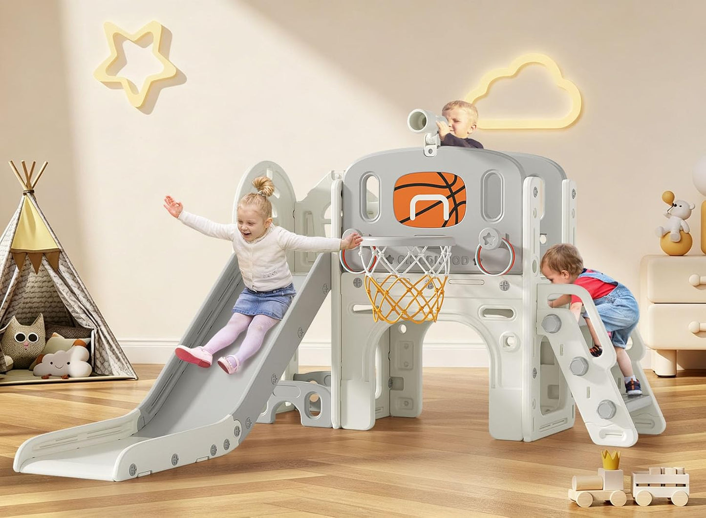BIERUM 9 in 1 Toddler Slide, Kid Slide for Toddlers Age 1-3 with Ring Toss, Basketball Hoop, and Telescope, Indoor Outdoor Playset Playground Beige Gray