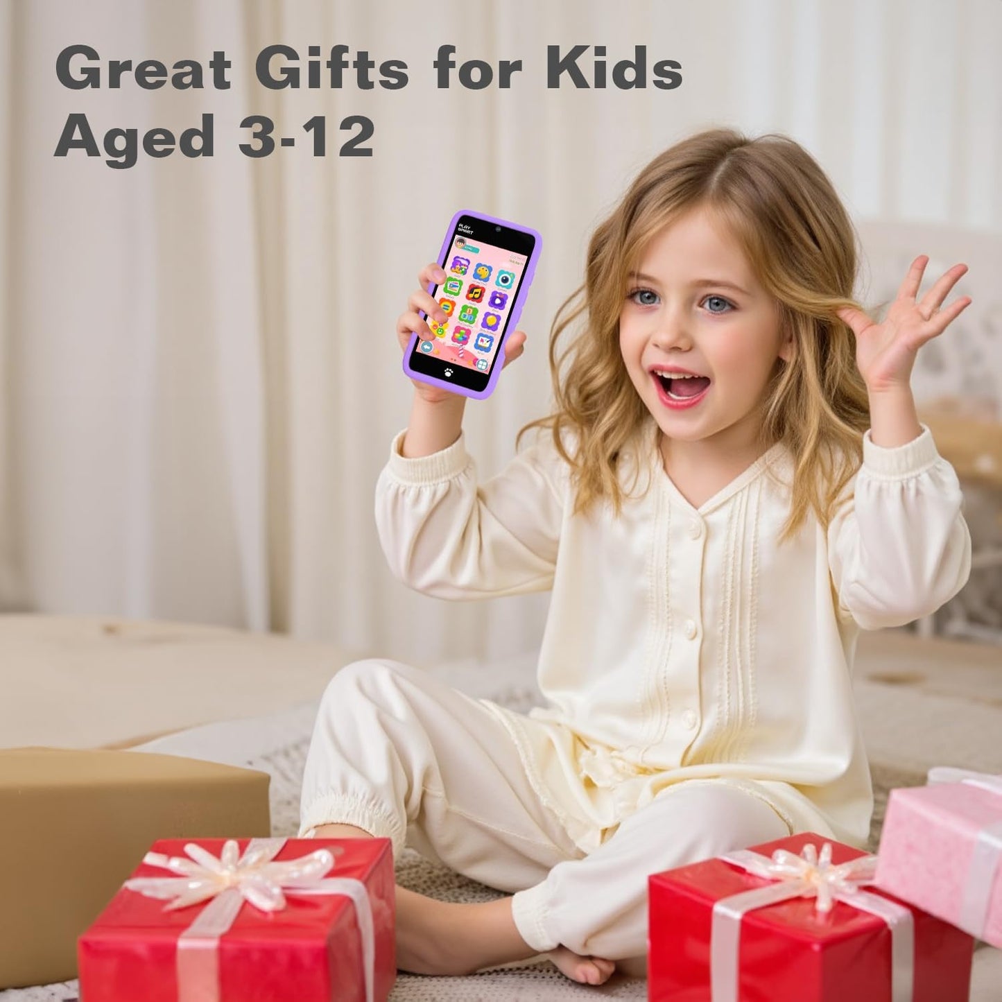 MOMILLA Kids Smart Phone Toys for Girls, 3.97” Touchscreen, Dual Cameras with Stickers, 200+ Games & 16GB Storage, Christmas Birthday Gifts for Kids Age 3-10, Educational Mini Toddler Play Phone Toy
