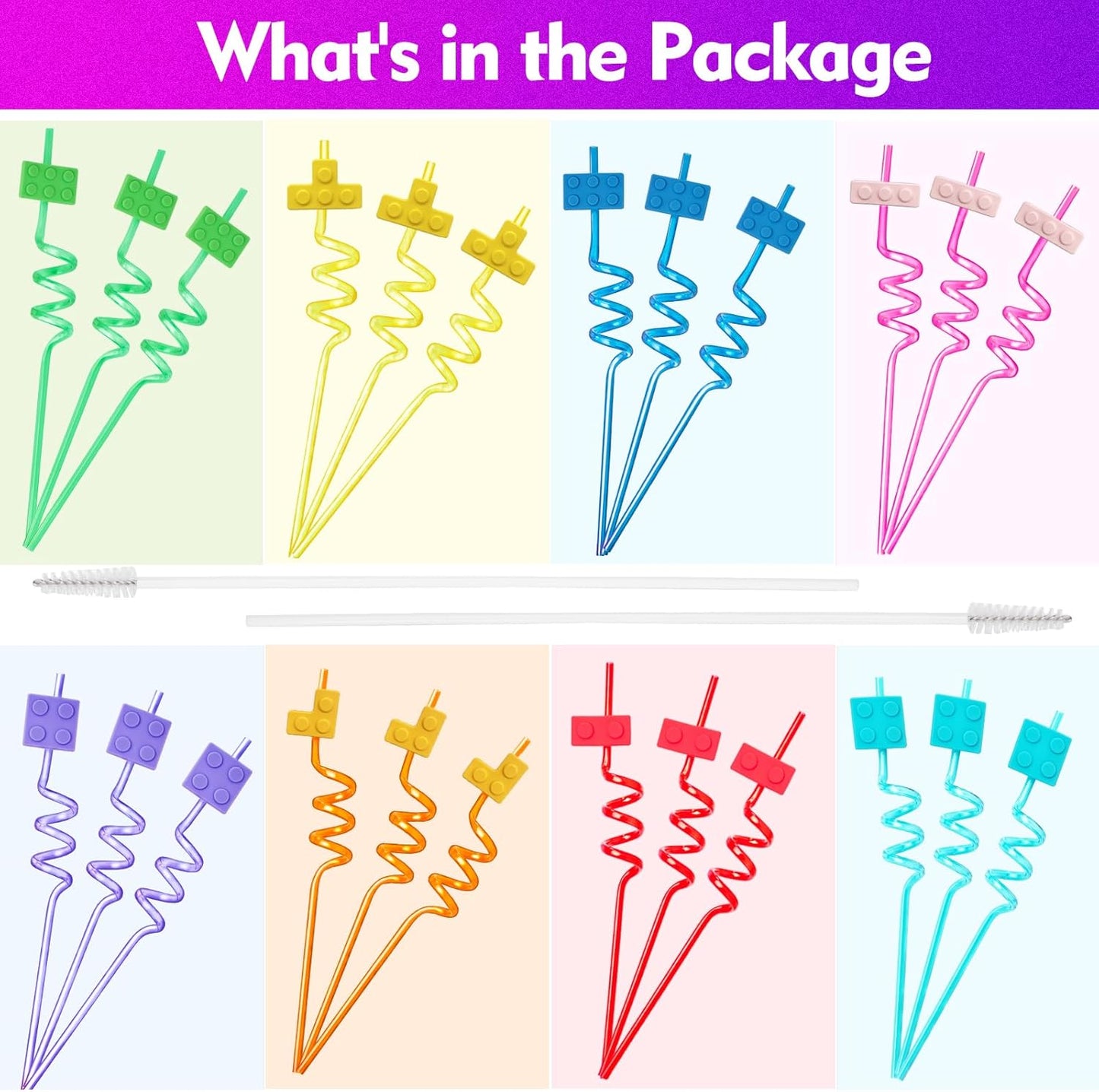 24 Pcs Building Blocks Theme Drinking Straws - 8 Colors Reusable Straws for Adults Brick Themed Gatherings Accessories With 2 Cleaning Brushes