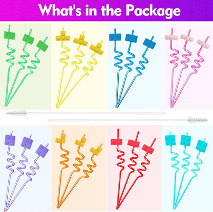 24 Pcs Building Blocks Theme Drinking Straws - 8 Colors Reusable Straws for Adults Brick Themed Gatherings Accessories With 2 Cleaning Brushes
