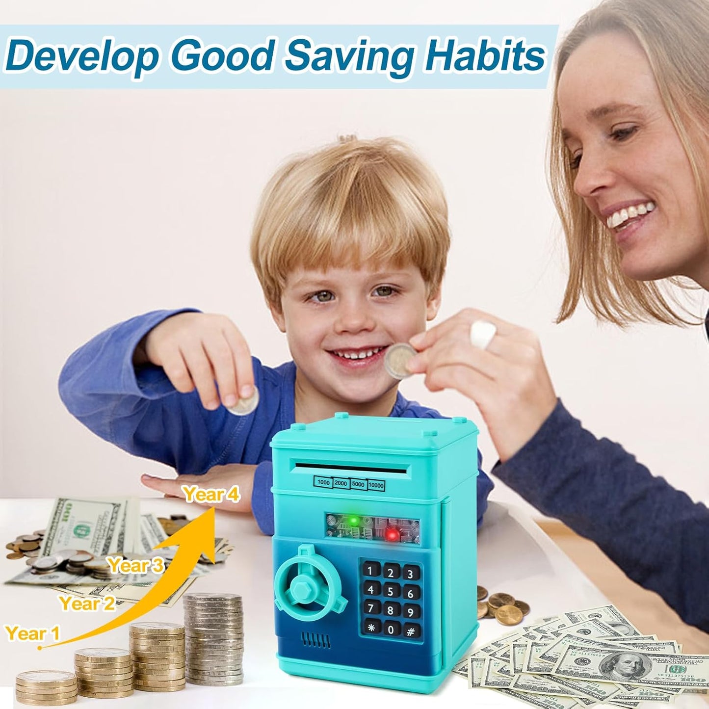 Refasy Piggy Bank Cash Coin Can ATM Bank Electronic Coin Money Bank for Kids Age 3-12, Money Savings Box Mini ATM Coin Bank Toys Gifts for 3 4 5 6 7 8 9 10 11 12 Year Old Boys Girls