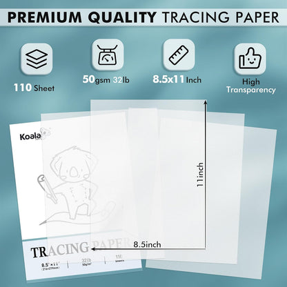 Koala 110 Sheets Tracing Paper 8.5x11 inch White Translucent Paper for Tracing, 32lb/50gsm for Trace Images, Sketch, Drawing, Overlays