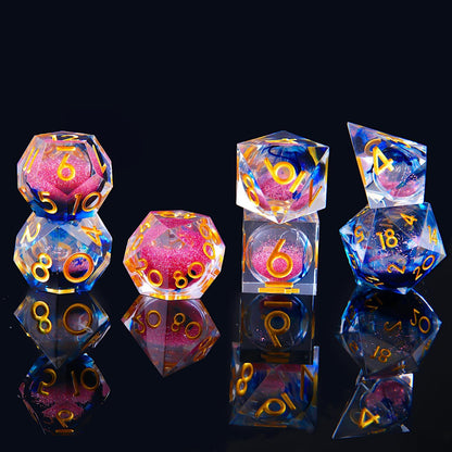 Liquid Core DND Dice Set, 7pcs Sharp Edge Dice for Role Playing Dungeons and Dragons Ttrpg with Gift Box, Handmade Resin D&D Dice RPG Role Playing Games Dice Set(Blue Gold)