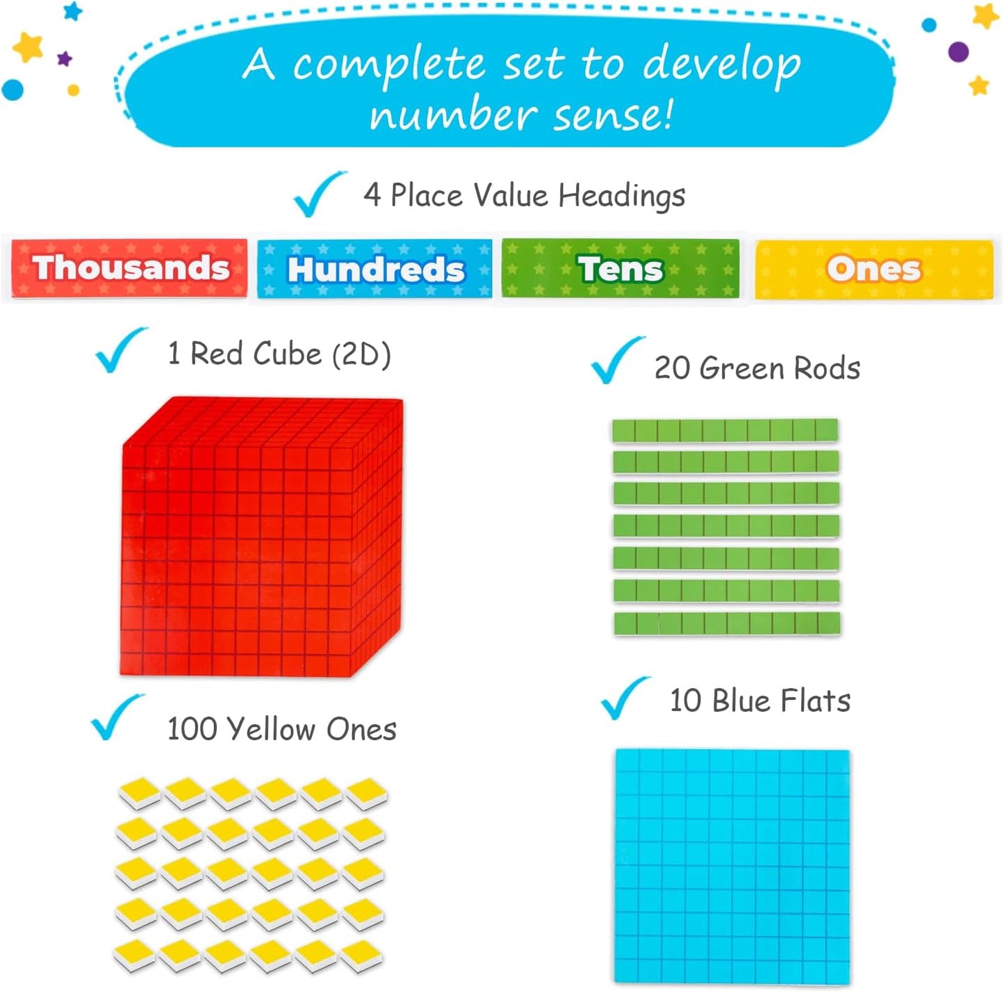 Simply Magic Magnetic Place Value & Discs Set & Jumbo Colorful Magnetic Base Ten Blocks + Headings for Math