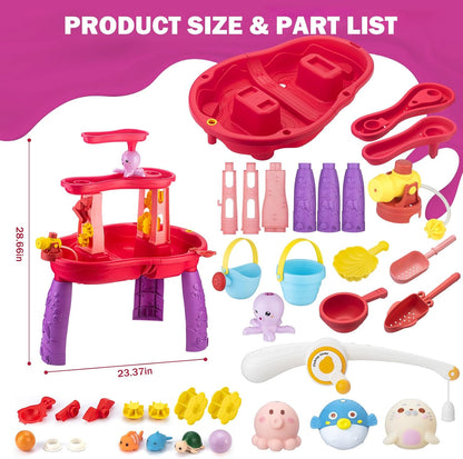 Water Table for Toddlers 3-5 Outdoor Toys for Kids Ages 4-8 3-Tier Kids Sand Water Table with Fishing Game Set Activity Sensory Table Summer Gift Beach Outside Toys for Toddler Girl