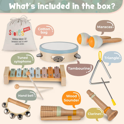 Stoie's Wooden Toddler Musical Instruments with Drum, Hand Bells, Flute, Maracas, Castanet, Tamburine, for Babies and Kids, Eco Friendly Montessori Educational Toy