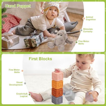 Adena Montessori Play Kit for 13-18 Month Baby,8 in 1 Toy,Colorful Stacking&Nesting Cup,Coin Bank,Coins,Carrots Lid,Carrots,Posting Lid,Flexble Stacker,Bead Kit,Shape Puzzle,Pound&Tap Hammer Bench