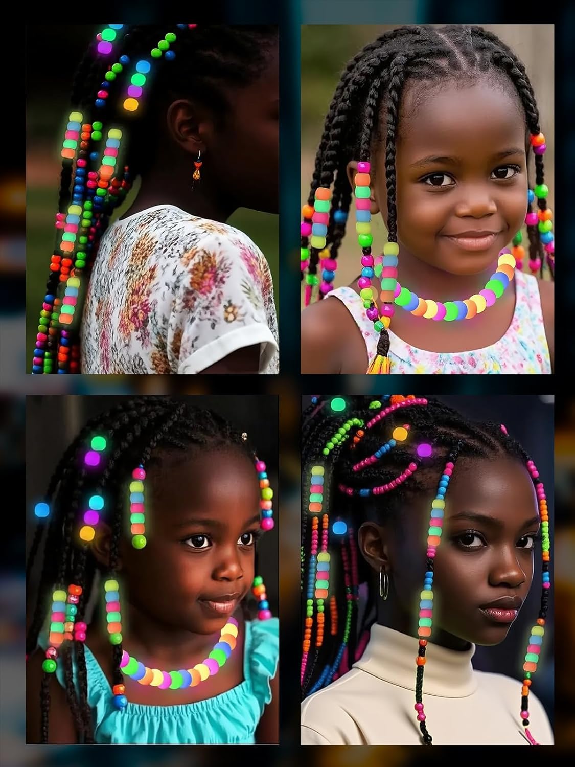 100 Small Silicone Hair Beads Glow in Dark for Kids Girls Braids, 5mm Colorful Soft Silicone Hair Beads, 1 Plastic Quick Beaders for Hair Braids, 50 Elastic Rubber Bands