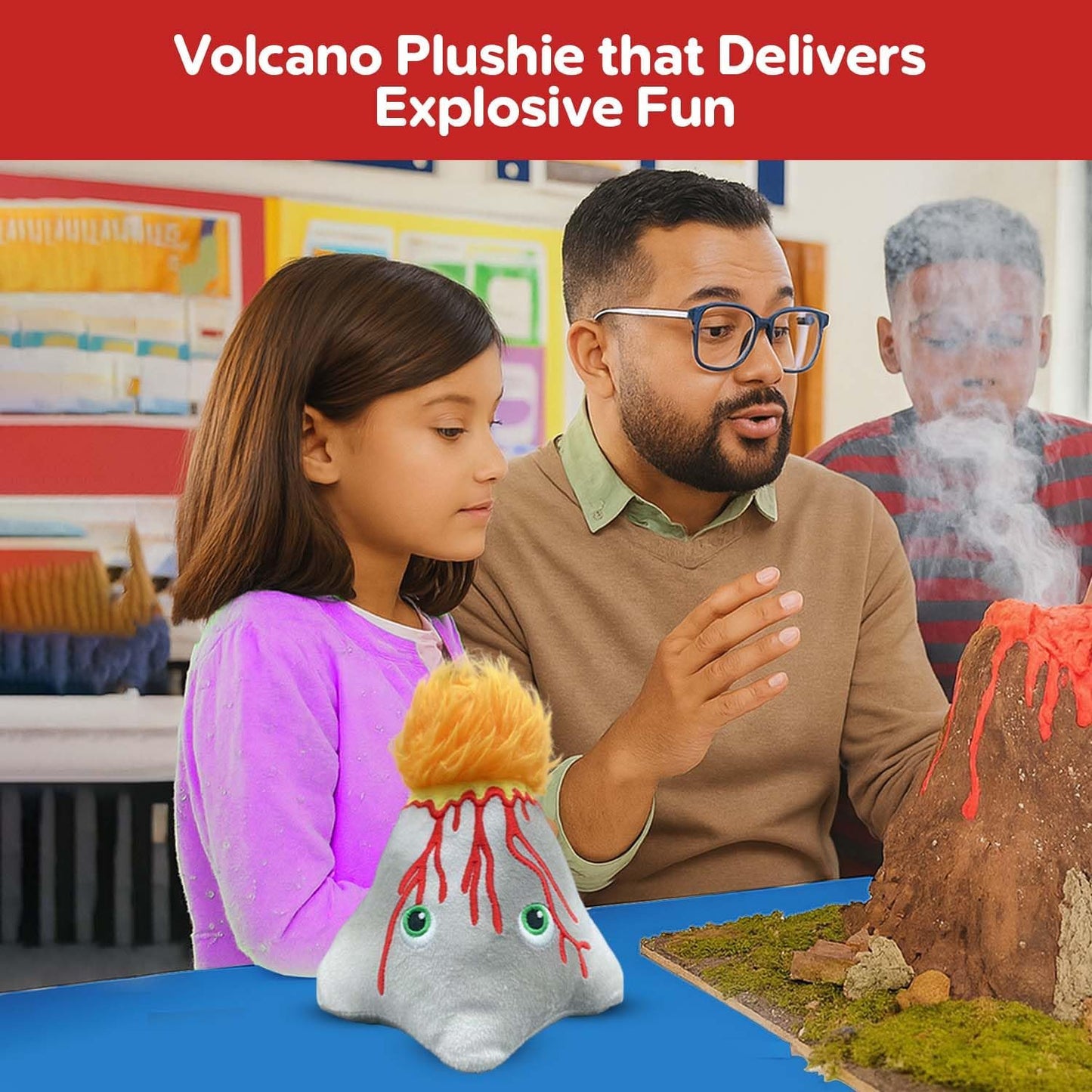 Thunderheads Volcano Plush, Earth Science Plushie with Colorful Lava and Erupting Design, Educational Fact Card STEM, goes Well with Volcano Kit, Geology Gift for Families, Friends and Adventurers