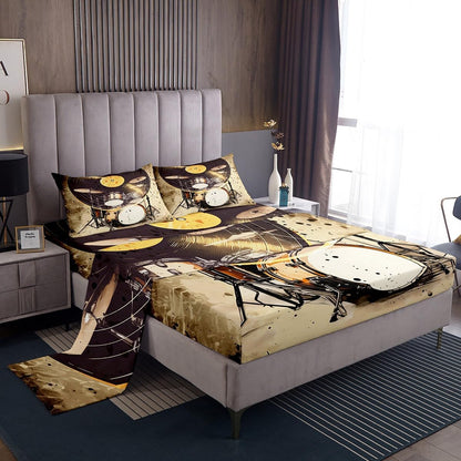 Feelyou Drum Kit Bedding Set Musical Instruments Sheets for Kids Boys Girls Classical Rock Music Bed Sheets Vinyl Record Sheets Set Bedroom Collection 4Pcs Full Size
