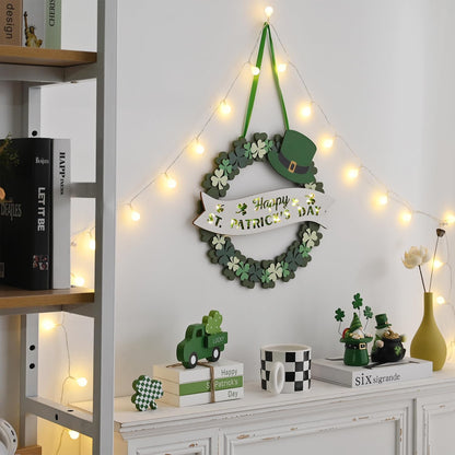 AOMOONOA Lighted St. Patrick’s Day Wreath for Front Door, Battery Operated Shamrock Wreaths with Timer, Wooden Foldable Wreath with Magnetic Word Signs for Irish Holiday Outdoor, Wall Decor