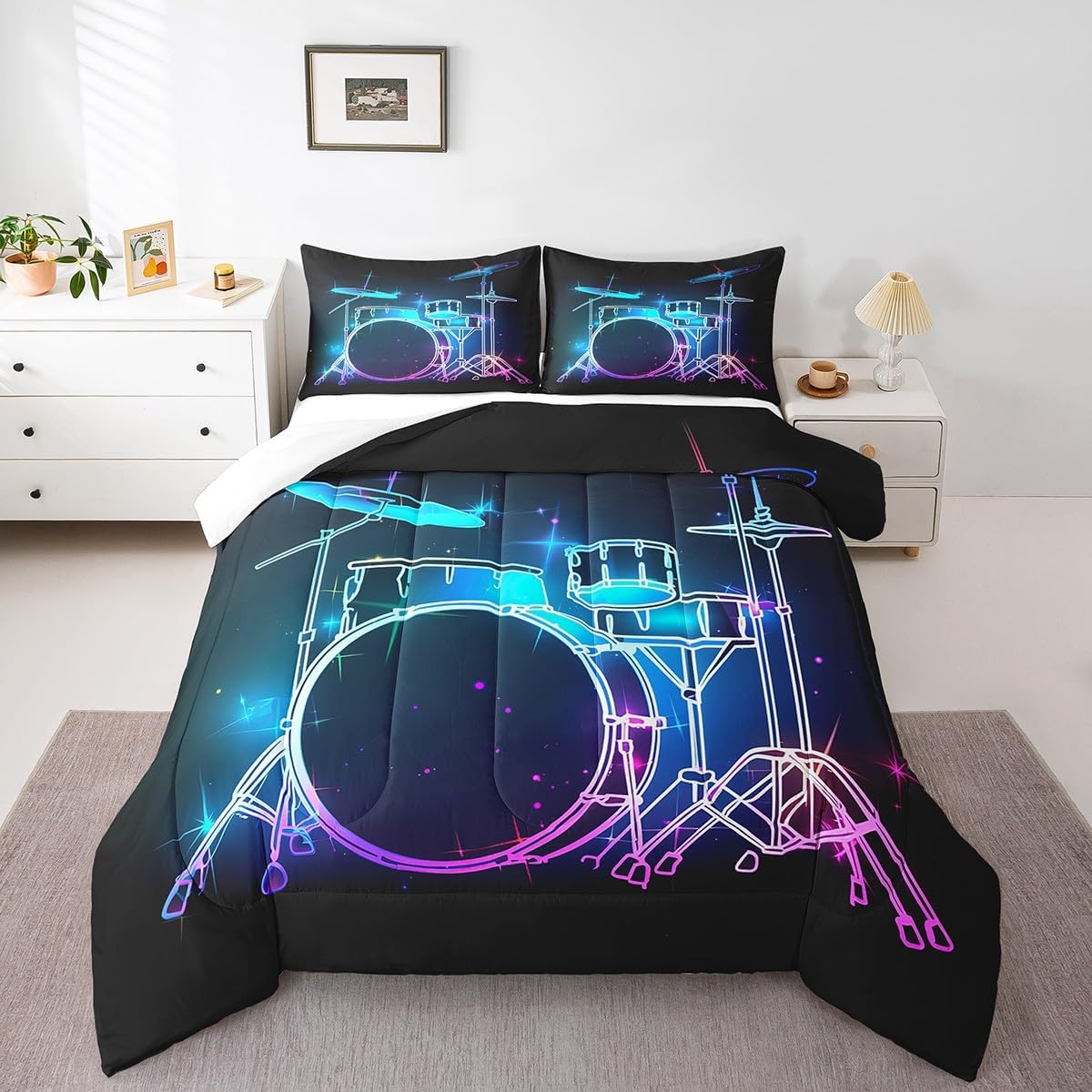 Castle Fairy Drum Kit Comforter Set,Musical Instruments Bedding Set for Kids Girls Women,Adults Rock Music Comforter,Neon Lighting Quilted Duvet Set Bedroom Collection Twin Size 2Pcs