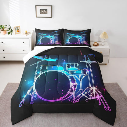 Castle Fairy Drum Kit Comforter Set,Musical Instruments Bedding Set for Kids Girls Women,Adults Rock Music Comforter,Neon Lighting Quilted Duvet Set Bedroom Collection Twin Size 2Pcs