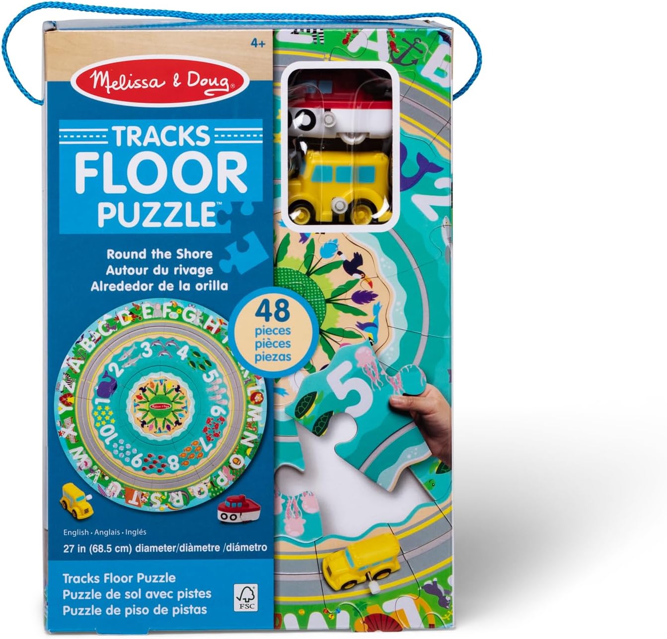Melissa & Doug Round the Shore Tracks Cardboard Jigsaw Floor Puzzle and Wind-Up Vehicles – 48 Pieces, for Boys and Girls 4+ - FSC-Certified