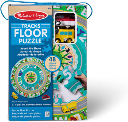 Melissa & Doug Round the Shore Tracks Cardboard Jigsaw Floor Puzzle and Wind-Up Vehicles – 48 Pieces, for Boys and Girls 4+ - FSC-Certified