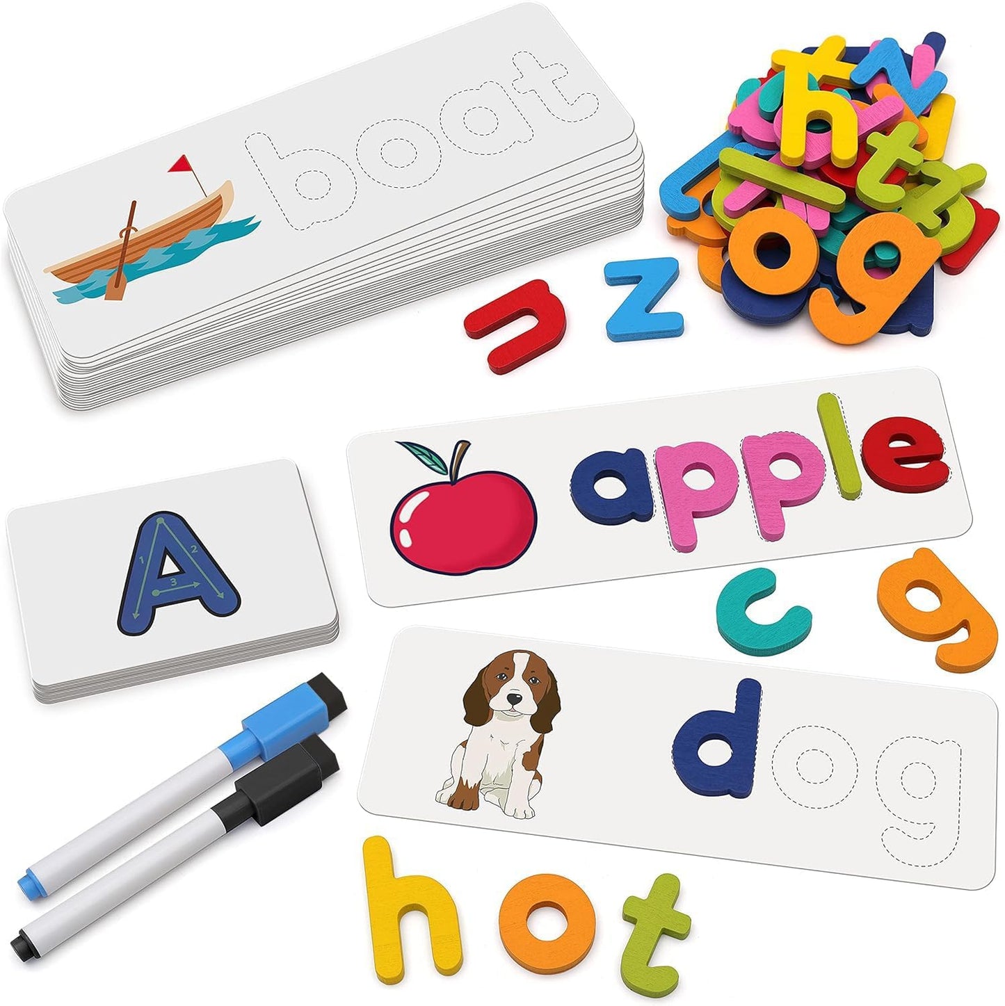 Coogam Reading & Spelling Learning Toy, Wooden Letters Flash Cards Sight Words Matching ABC Alphabet Recognition Game Preschool Educational Tool Set for 3 4 5 Years Old Boys and Girls Kids